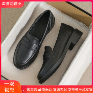 Genuine Leather Small Leather Shoes for Women 2025 Autum Thin British Style Flats Comfortable Work Mid-Heel Soft Sole Work Shoes