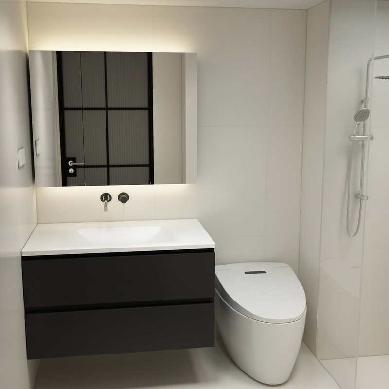 French-Style Black Bathroom Cabinet Set with Integrated Washbasin and Countertop Made of Heat-Bent Stone