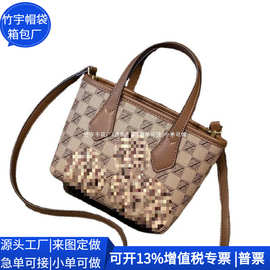 跨境RPET皮革托特包 格子菜篮子包 RPET皮革斜挎单肩袋 定制工厂