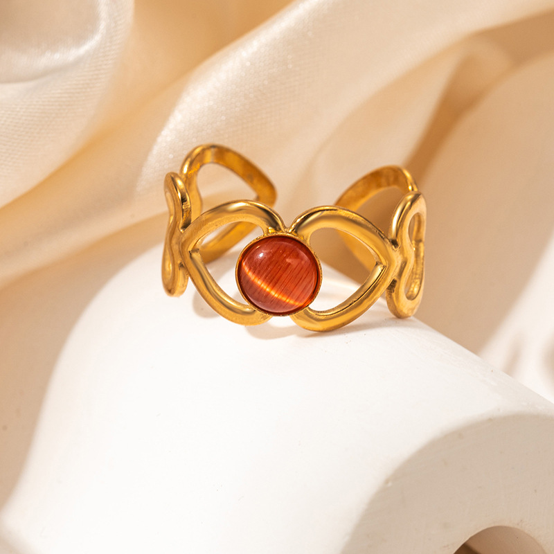 5g Weight 0.03µm Gold Plating Thickness Electroplated Gold Plating Process Golden Plated Plating Material Cat's Eye Stone Inlay Material Rings Classification 1 Piece Quantity Holiday, Daily Occasion 201 Stainless Steel Material Heart Shape Pattern Women's Gender Sweet, IG Style Style Inlay Craft Wholesale Jewelry IG Style Sweet Heart Shape Titanium Steel Natural Stone Gem Hollow Out Inlay Open Rings 12