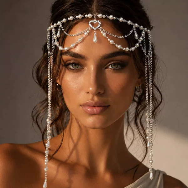 Popular foreign trade pearl tassel headpiece for women, niche light luxury rhinestone heart forehead chain, Bohemian holiday accessory