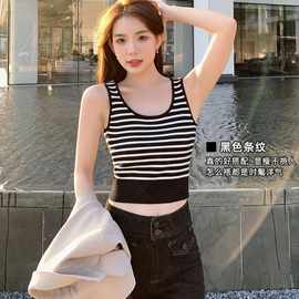 吊带针织小背心女内搭上衣条纹短款时尚洋气时髦打底无袖背心外贸