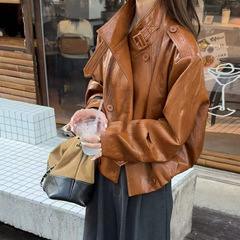 甜酷机车皮衣外套女欧洲站2025年秋季新款休闲立领双排扣夹克上衣