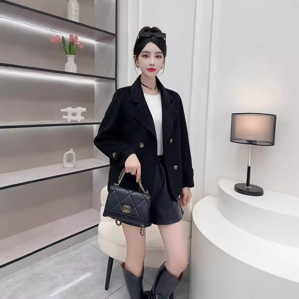 2025 New Double-Sided Wool Coat for Women, Autumn and Winter Short Blazer with Suit Collar, Regular Shoulder, Petite Size, Handmade