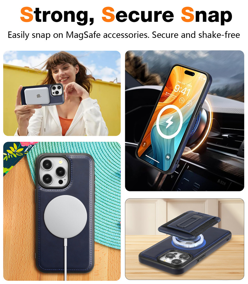 Ốp lưng iPhone 16 Pro Max chống sốc, bao da doanh nhân hút từ, có giá đỡ, đựng thẻ — Màu đỏ, Màu đen, Bao da giá đỡ nhãn rò rỉ màu xanh lam, Màu nâu chi tiết 12