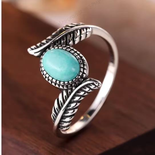 Cross-Border Supply Popular Retro European and American Inlaid Turquoise Feather Ring Color-Coded Party Engagement Ring Bracelet