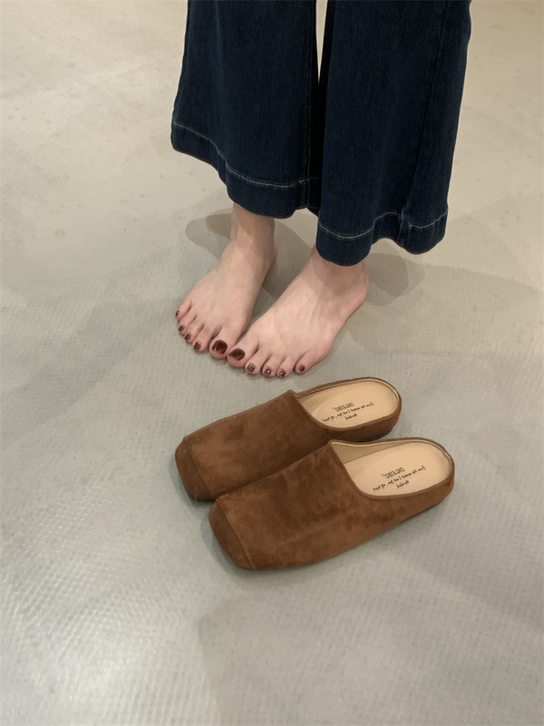 春夏2025新款麂皮穆勒鞋凉拖鞋女尖头绒面低跟单鞋简约包头半拖鞋|undefined