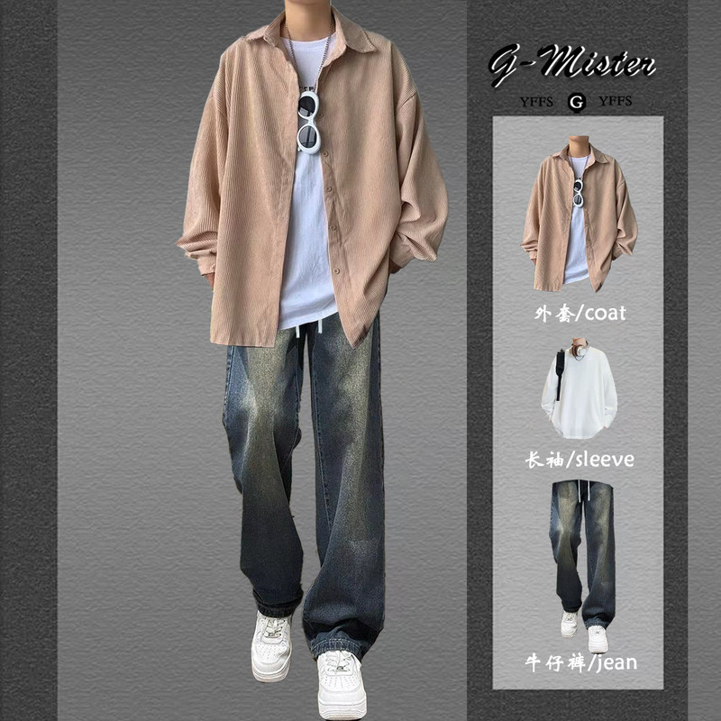 Men's corduroy shirt for spring and autumn, long-sleeved shirt jacket paired with stylish jeans, a complete set with a cool and sophisticated look Men's corduroy shirt for spring and autumn, long-sleeved shirt jacket paired with stylish jeans, a complete set with a cool and sophisticated look