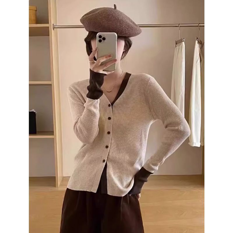 撞色拼接v领长袖针织开衫女2025秋冬新款高级感修身内搭打底上衣|undefined