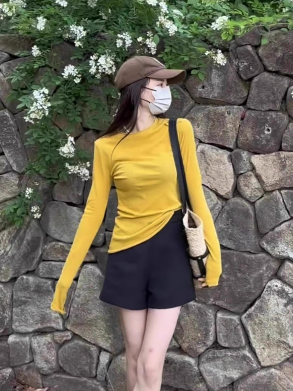 韩系蓝色针织长袖上衣女2025年早秋穿搭小个子修身显瘦内搭打底衫|undefined