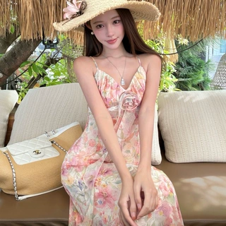 2026樱花桃桃法式长款领印花打揽收腰吊带连衣裙女夏季甜美长裙