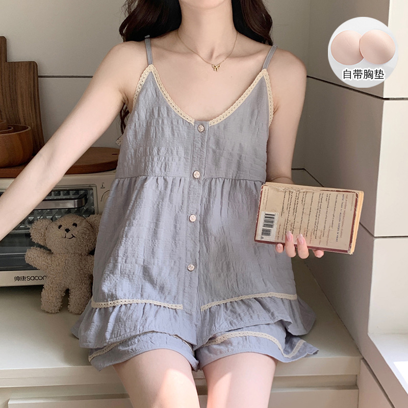 Cloud Cotton Pajamas for Women Summer Korean Style Ins Style with Breast Pads Suspender Shorts Thin Style Can Be Worn Outside Home Clothes Set