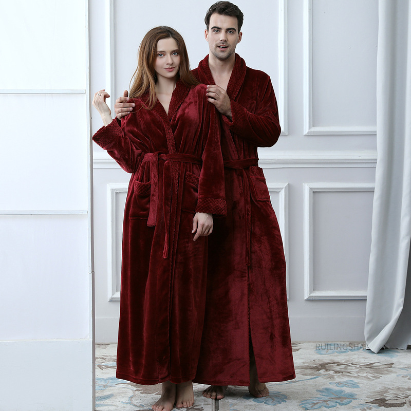 Autumn and Winter Thickeneded Warm Jacquard Collar Flannel Nightgown Women's Long Couple Coral Velvet Bathrobe Men's Large Size Pajamas Autumn and Winter Thickeneded Warm Jacquard Collar Flannel Nightgown Women's Long Couple Coral Velvet Bathrobe Men's Large Size Pajamas