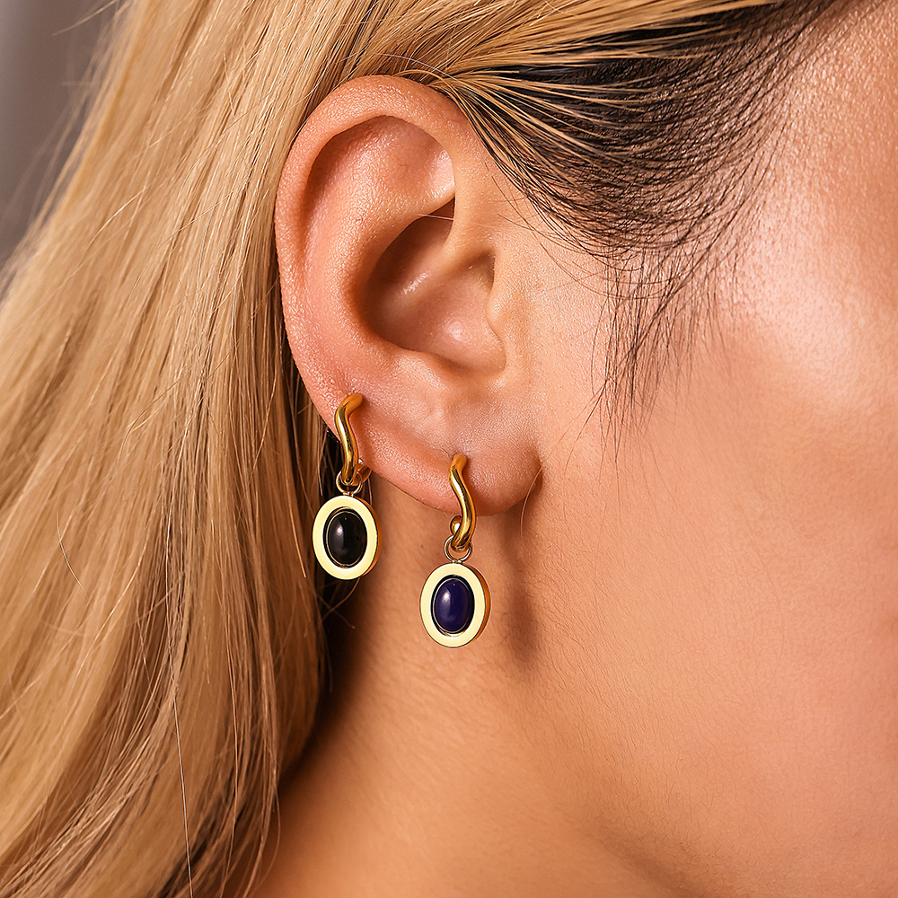 Square Sugar Retro Light Luxury Oval Agate Earrings Women's Titanium Steel PVD Non Fading C-shaped Blue Gold Stone Earrings_voghion.com