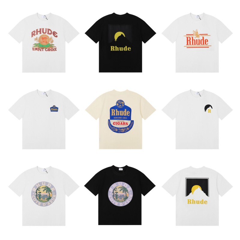 24SS cross-border European and American fashion brand RHUDE micro-label letter coconut tree sunset pattern short sleeve T-shirt men and women high street half sleeve 24SS cross-border European and American fashion brand RHUDE micro-label letter coconut tree sunset pattern short sleeve T-shirt men and women high street half sleeve