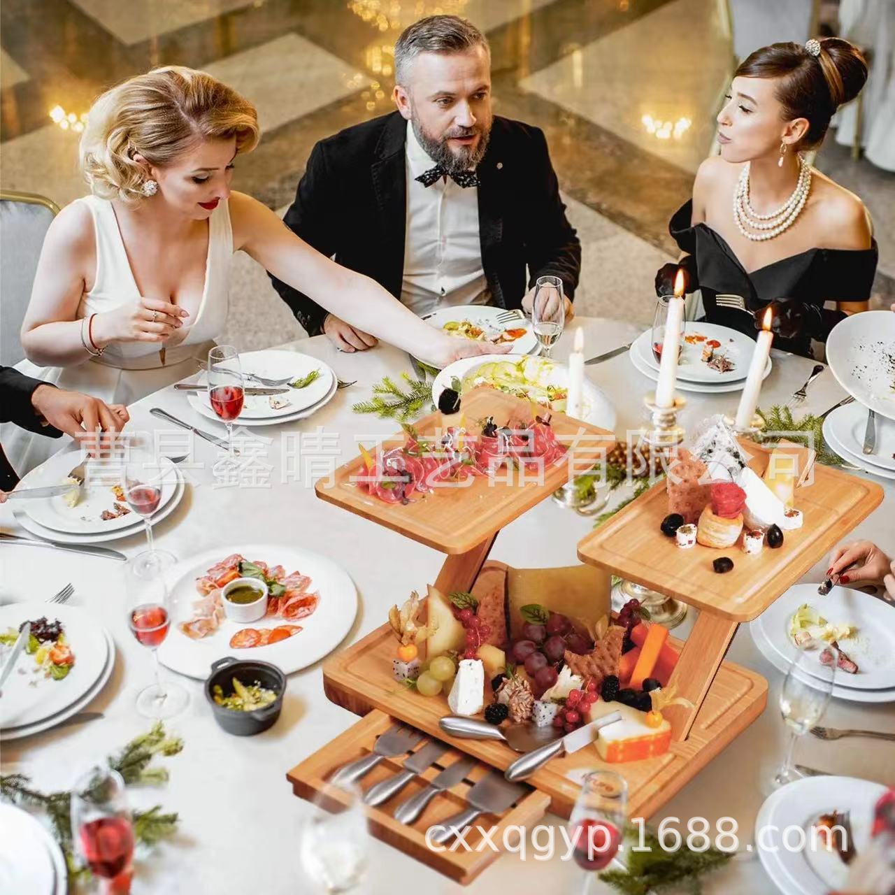 Bandeja de aperitivos de madera maciza tipo cajón Bandeja de servicio de madera plegable para el hogar Bandeja de bambú de múltiples capas creativa