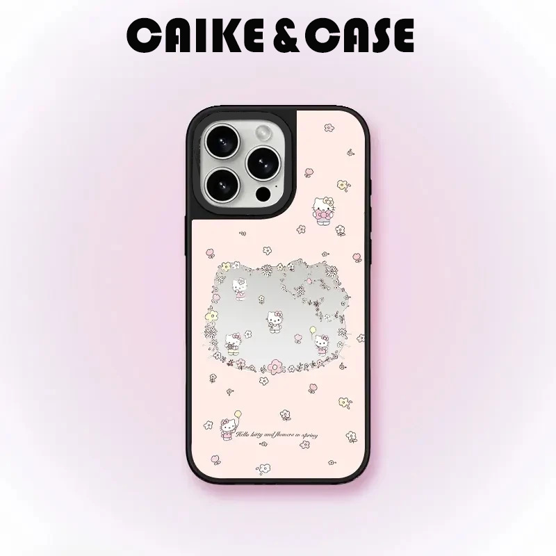 花朵凯蒂适用苹果16镜面手机壳KT猫创意iphone15promax新款保护套|undefined