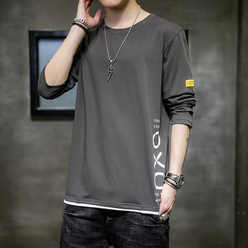 Camiseta de manga larga de primavera y otoño nueva juventud falso de dos piezas Camiseta estilo coreano estudiante camisa de fondo ropa superior de los hombres de moda