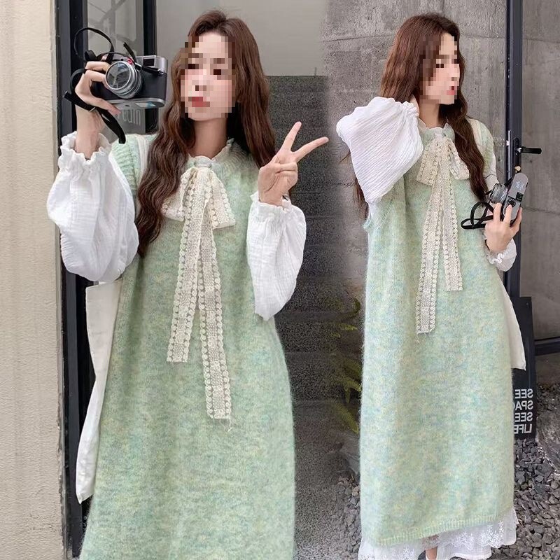 2025 Fresh and Youthful Pregnant Women 2-Piece Knitted Vest Dress Suit Sweet Bow Autumn Style
