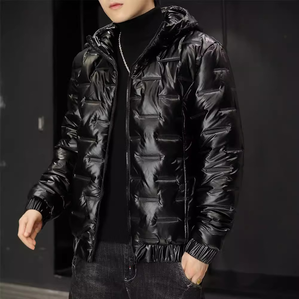 2024 Winter Men's New Hooded Cotton Coat Jacket Trendy Casual Shiny Short Cotton Jacket down Cotton Jacket Men's Style