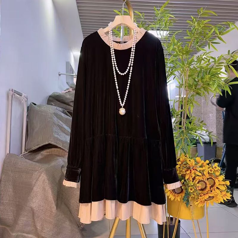 Fashionable Velvet Patchwork Hem, Slimming and Flattering, 2025 Spring New Style, Elegant Mid-Length Dress