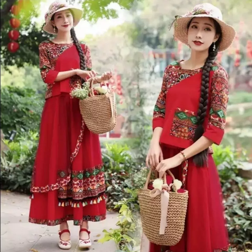 Юньнань Лицзян осеннее платье в этническом стиле из двух частей ретро-принт футболка + юбка Путешествия Фото костюм женщин