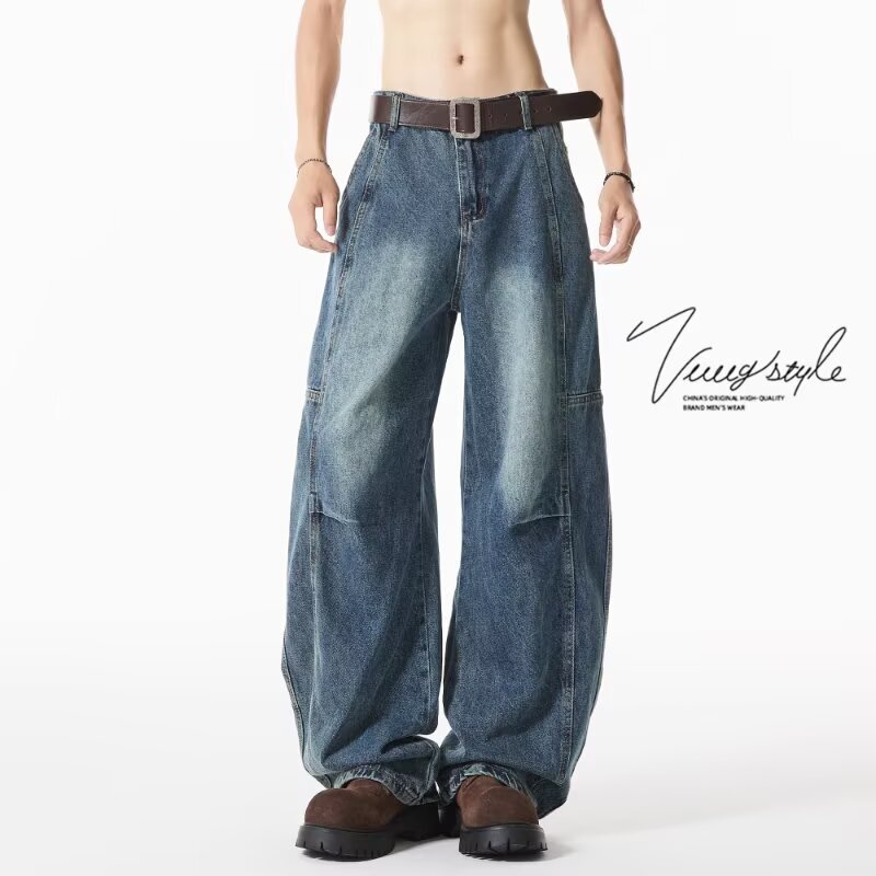 Men's Loose Fit Washed Vintage Straight-Leg Jeans with a Slight Flare, Ins-Style Drape, Wide-Leg Pants for Teenagers