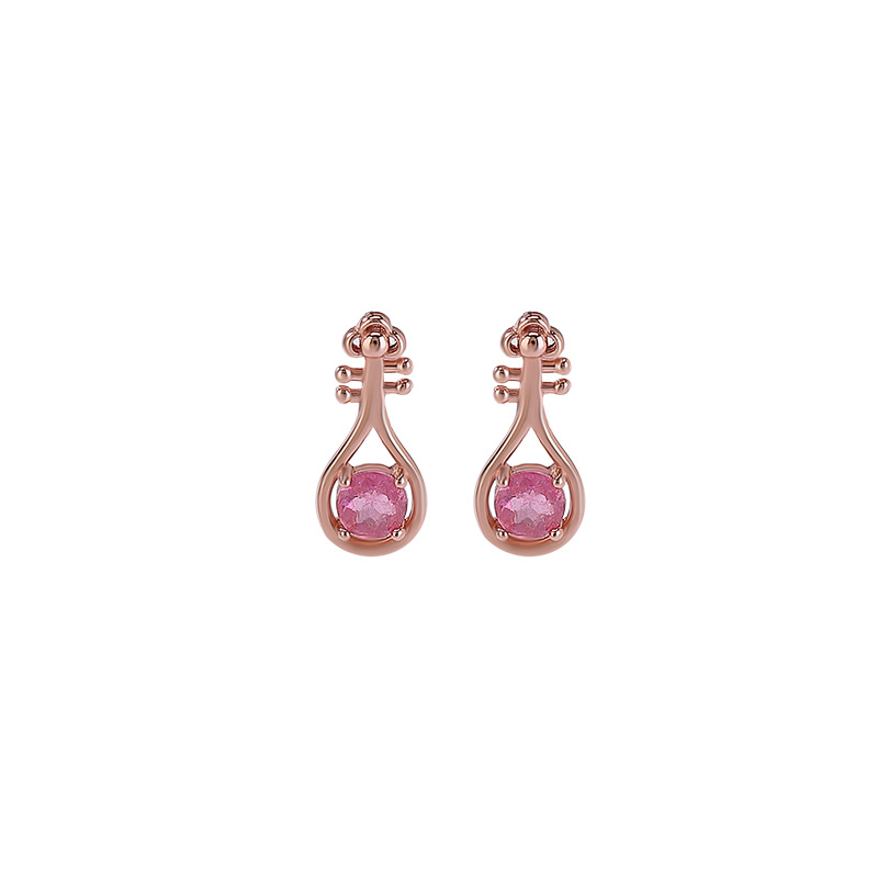 Bông tai nữ bạc S925 mạ vàng hồng đính tourmaline pipa hạt tròn phong cách Trung Hoa — Một cặp (màu tourmaline ngẫu nhiên)