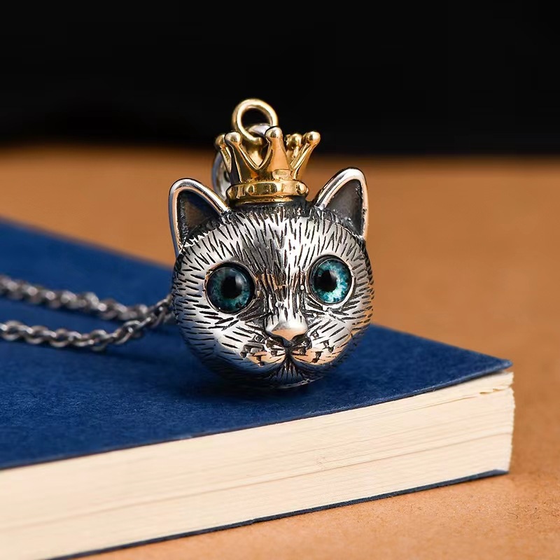New Cross-Border Big-Eyed Cute Cat Thai Silver Pendant Crown Necklace Men's Trendy Personality Domineering Cartoon Couple