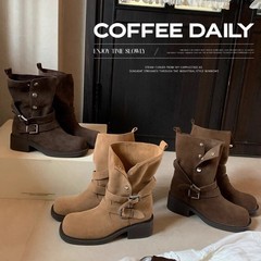 现货~葡萄妈 增高5.5cm~美拉德粗跟厚底扣带牛反绒短筒靴女秋冬