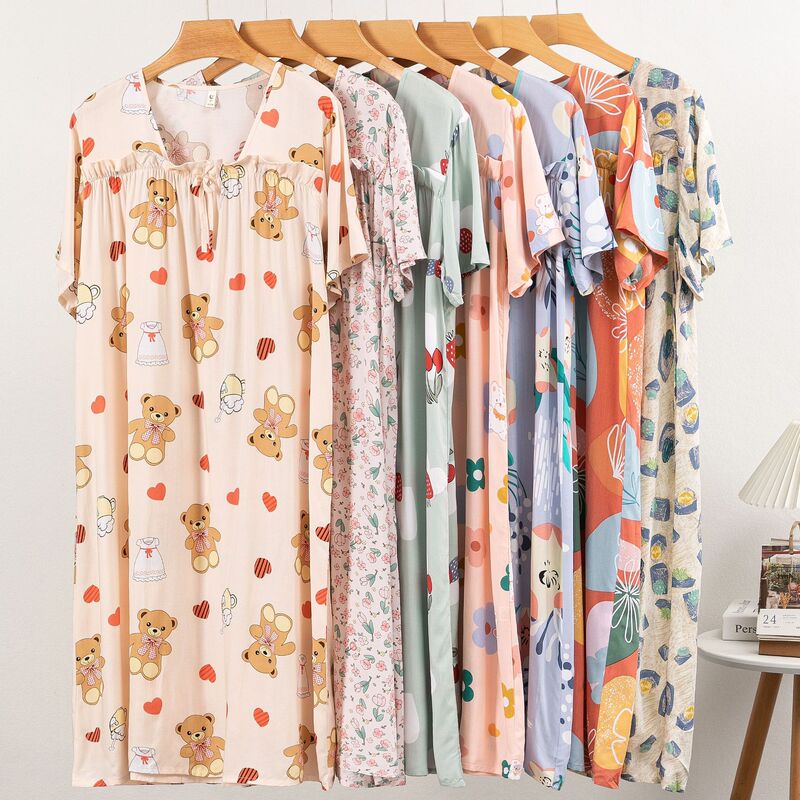 Cotton Silk Nightgown New Summer Cartoon Floral Home Wear Artificial Cotton Loose Simple Casual Thin Large Size Long Dress Cotton Silk Nightgown New Summer Cartoon Floral Home Wear Artificial Cotton Loose Simple Casual Thin Large Size Long Dress