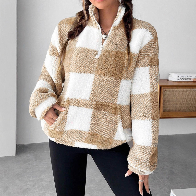 In-Stock Amazon Wish Cross-Border Supply 2025 Autumn and Winter Fashion Short Plaid Half-Open Collar Plush Women's Sweatshirt