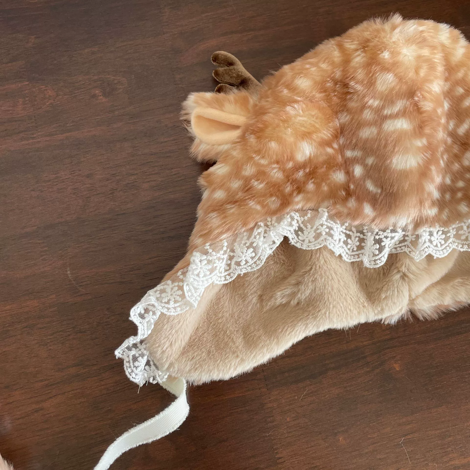 Plush Mori Hat (Mori) Deer Lace Bonnet, Thick Warm Faux-Fur, Cute Japanese Lolita Style