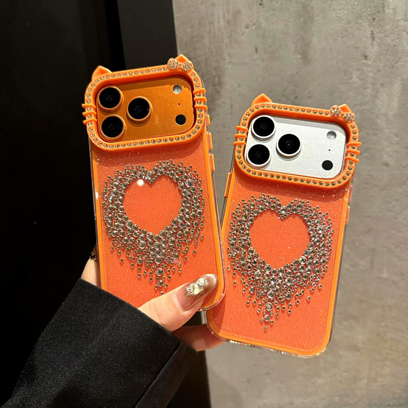 Diamond Ring Cat Ear Orange Color Suitable for Apple 17 Pro Max Phone Case 16 Pearl 14 Luxury 15 Heart Handmade Diamond Case Diamond Ring Cat Ear Orange Color Suitable for Apple 17 Pro Max Phone Case 16 Pearl 14 Luxury 15 Heart Handmade Diamond Case