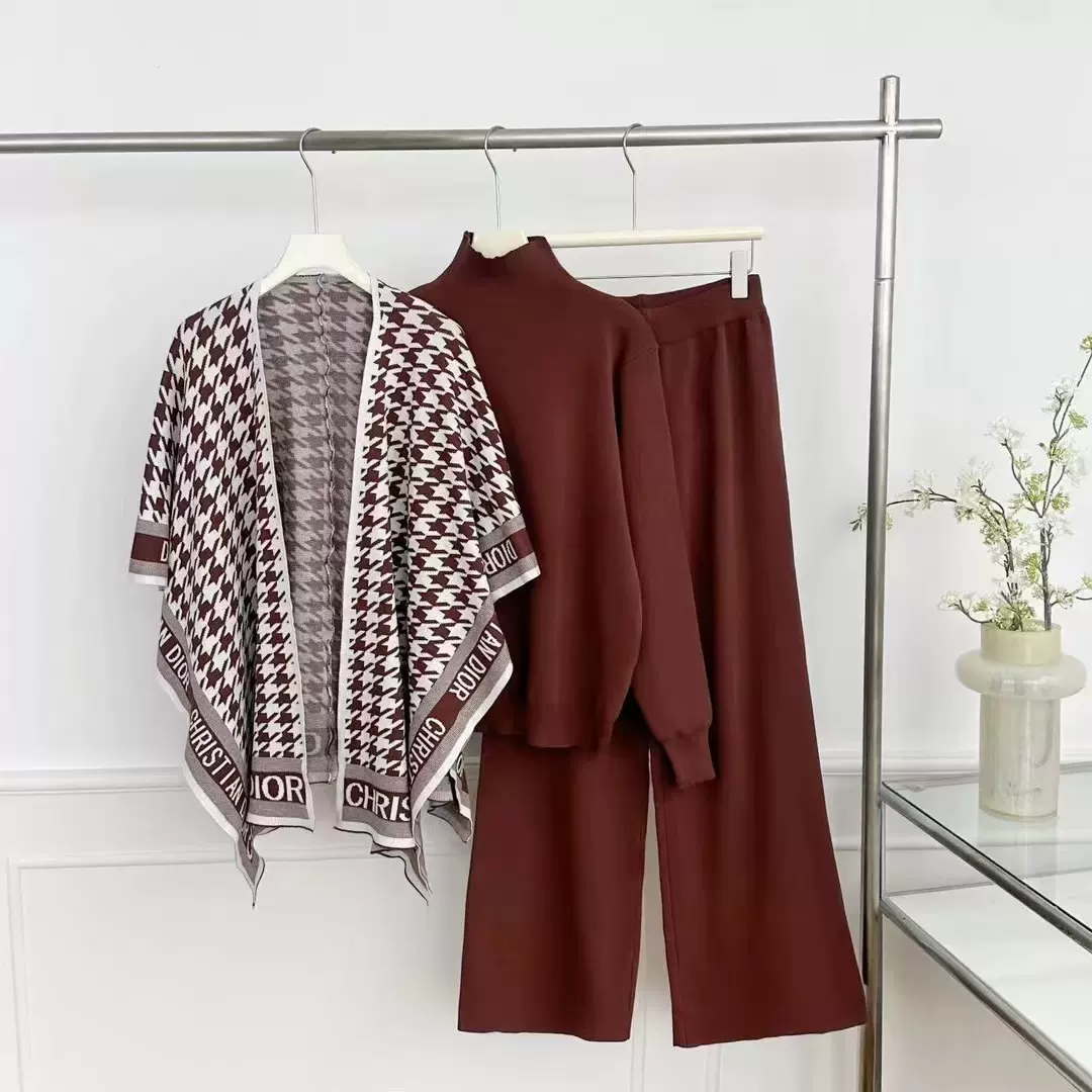 跨境25年休闲欧美套装秋冬时尚长袖两件套针织毛衣高腰阔腿裤三件