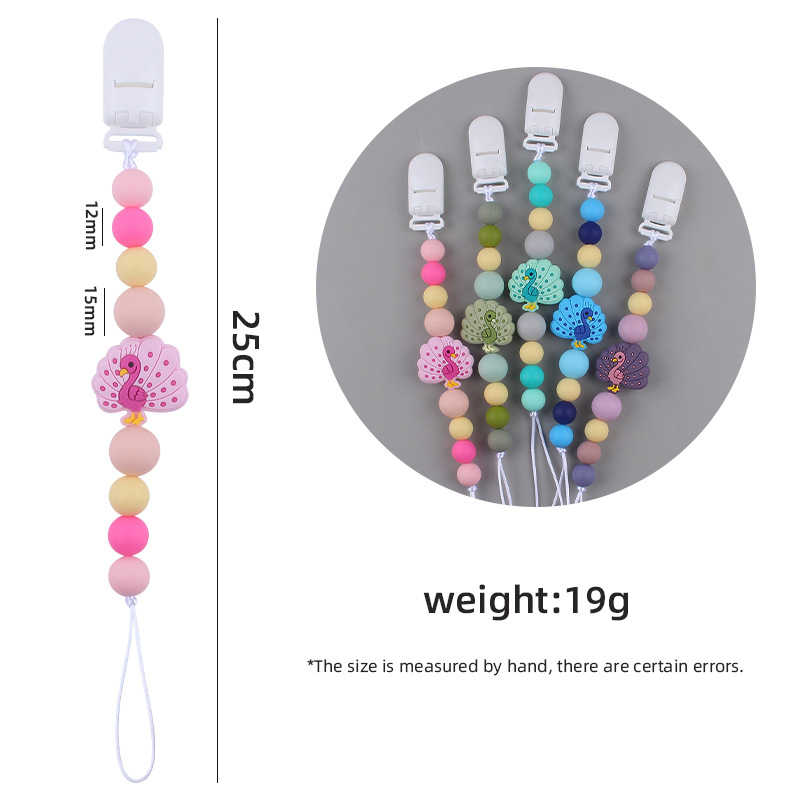 Nuevos suministros para bebés de dibujos animados animal Pavo Real teether calmante bebé cuentas de silicona mordedura molar pezón cadena