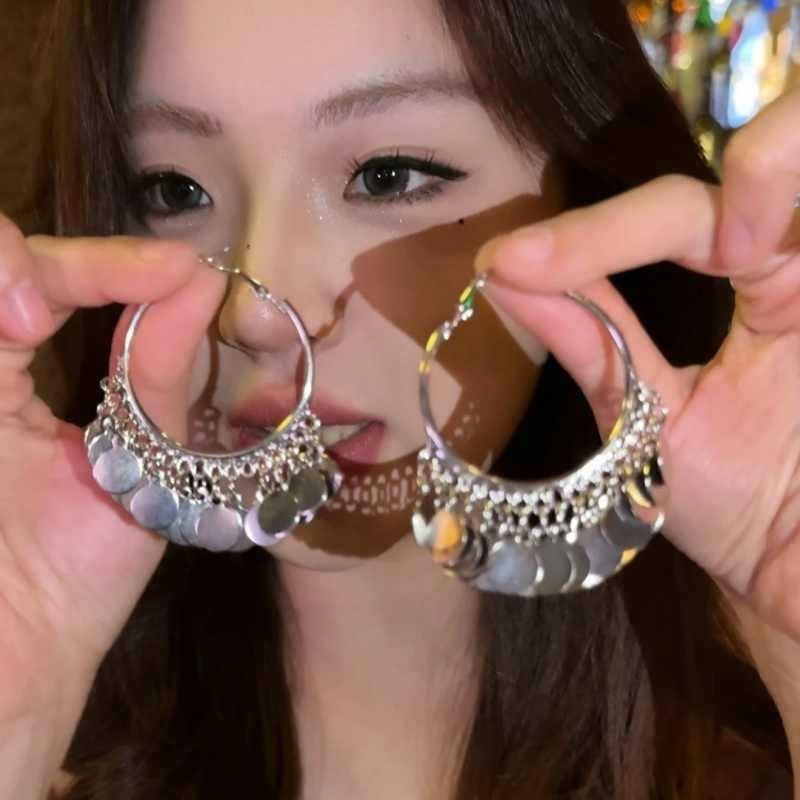 Cross-Border New Earrings, High-End Shiny Exaggerated Disc Tassel Earrings, Fashionable and Elegant Large Circle Earrings