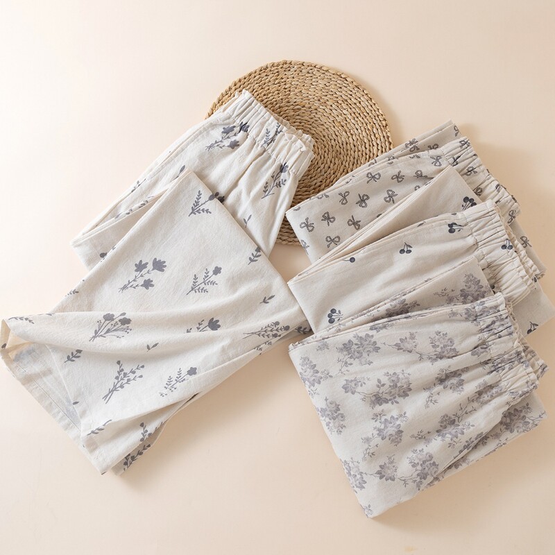 New Women's Cotton and Linen Cartoon Print Thin Pajama Pants, Simple and Comfortable, with Pockets, Can Be Worn Outside, Flower Bud Waist Home Pants