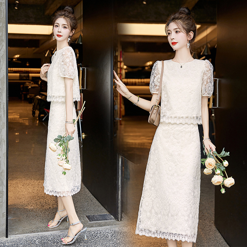 Socialite Style Lace Suit 2025 Summer New Arrival, Lightweight, Breathable, Slim-Fitting, Simple and Elegant Two-Piece Skirt Set New Model