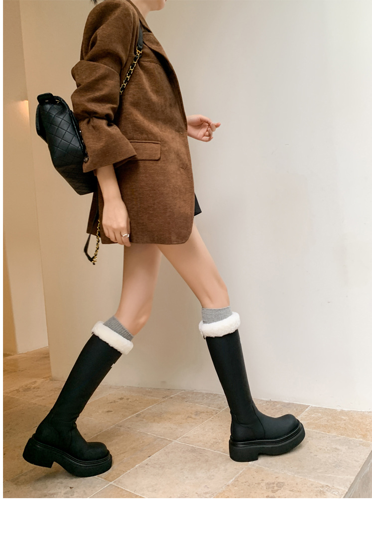 Boot nữ cổ cao lót nhung đế dày da bò giữ ấm mùa đông — Màu nâu ống lớn chi tiết 17