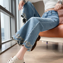 花边刺绣喇叭牛仔裤九分春秋季新中式修身弹力显瘦小个子穿搭裤子