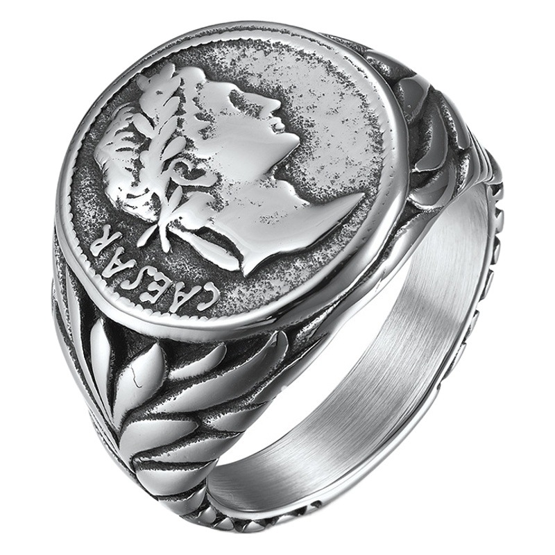 Estilo europeo y americano Imperio Romano César anillo de acero inoxidable vintage moneda César cabeza retrato inconformista pulsera