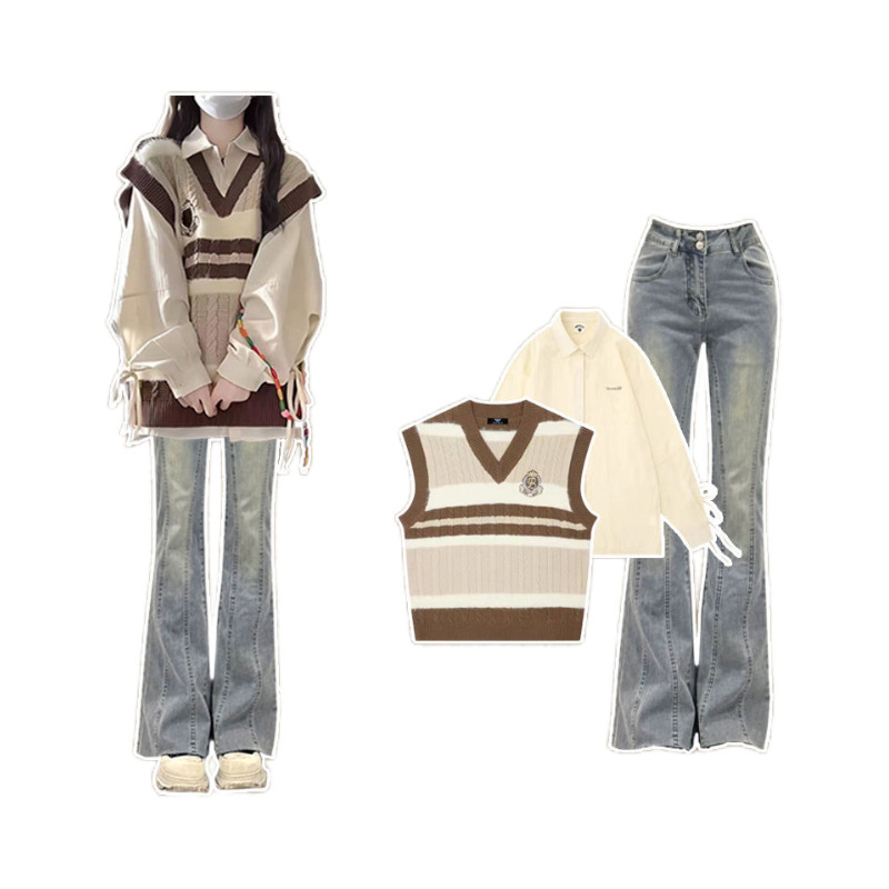 Knitted Vest Korean Style Shirt New Style 2025 Autumn Complete Set of Women's Three-Piece Gentle Wear Jeans Suit