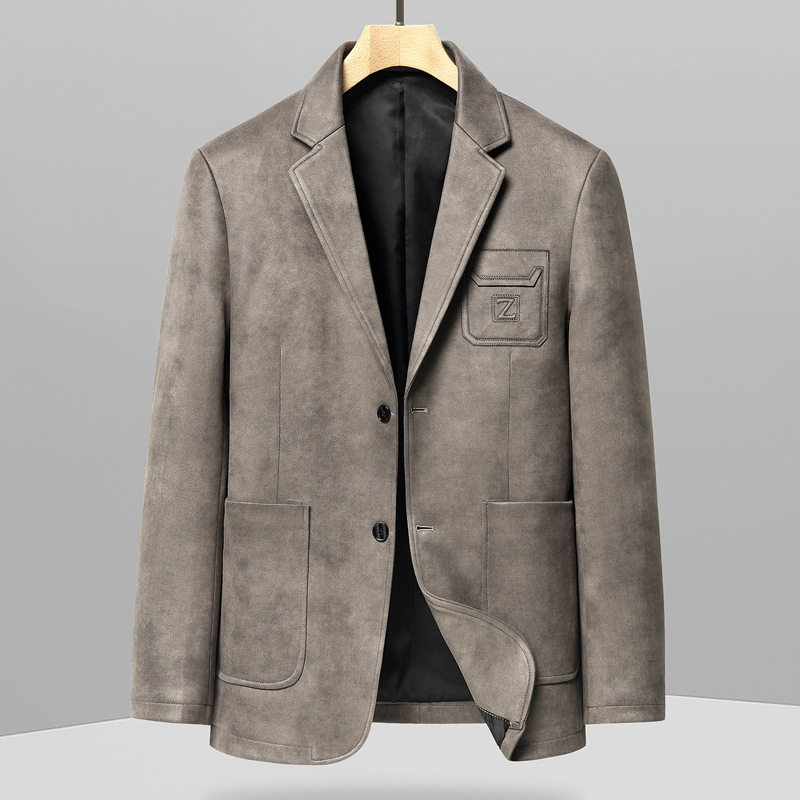Áo khoác vest nam da lộn phong cách retro hai cúc dáng ôm, tay dài cổ vest — Màu kaki, Màu nâu cà phê, màu đen