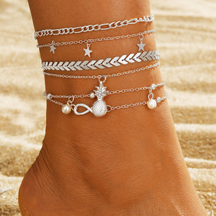 Cross-border five-pointed star butterfly 8-character multi-layer anklet suit retro multi-layer pendant anklet girl high-end sense anklet