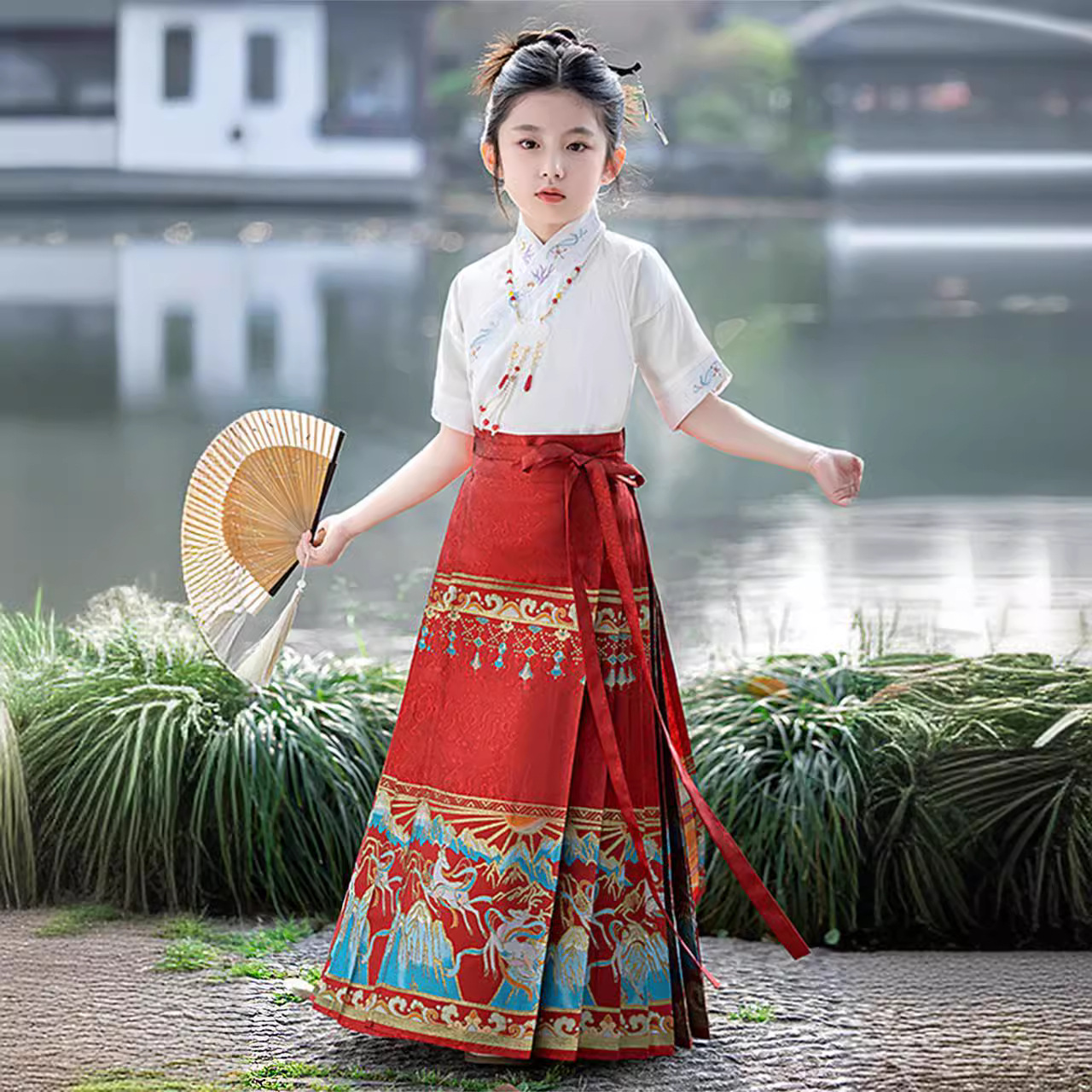 红色中国风女童马面裙明制套装裙子薄款短袖中式儿童生日超仙汉服