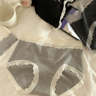 纯欲风10A全棉抗菌加长裆女生纯棉内裤女中腰蕾丝边大码女士内裤