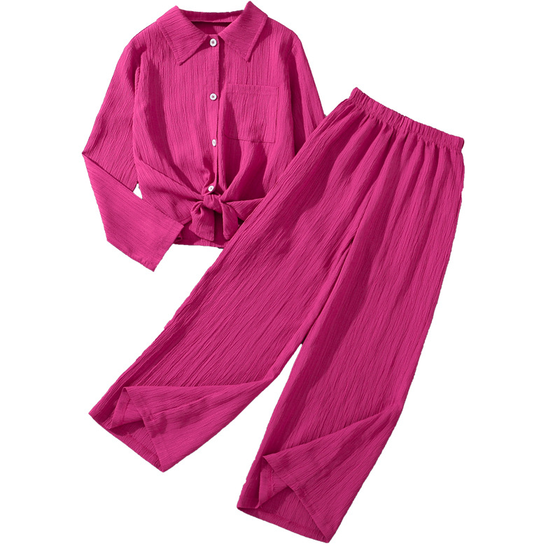 2024 zweiteiliges Langarmhemd mit Revers aus plissiertem Stoff für Mädchen, Hose mit hoher Taille, modischer Freizeitanzug_voghion.com