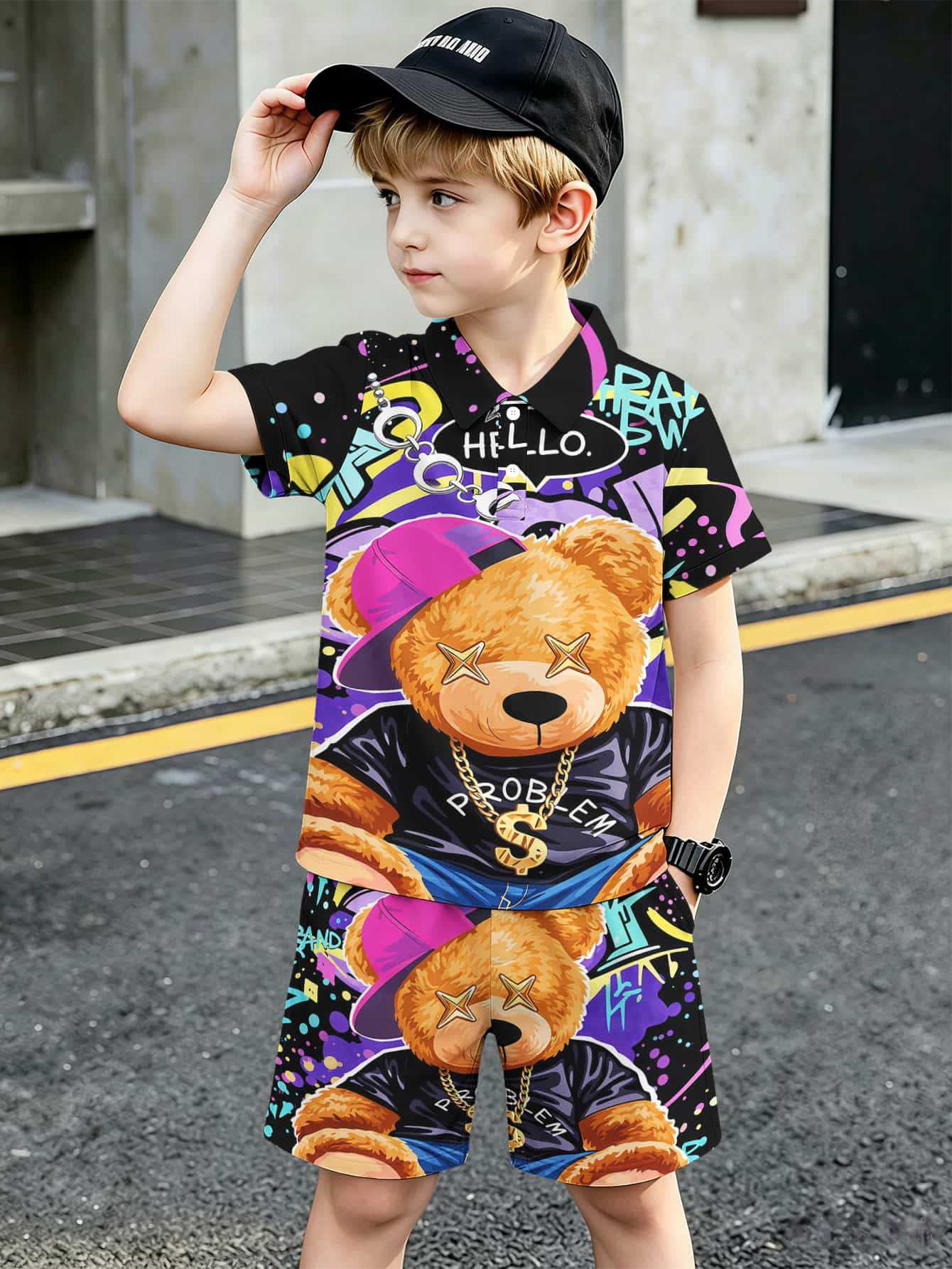 Ensemble polo et short style ethnique pour garçon européen_voghion.com