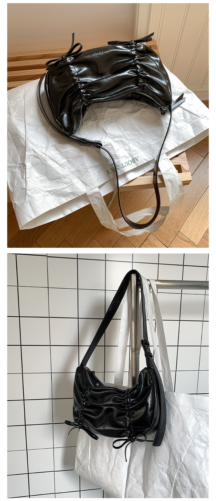 Versione coreana in morbida pelle plissettata 2024 nuovo fiocco tinta unita stile di nicchia alla moda spalla singola sotto le ascelle_voghion.com